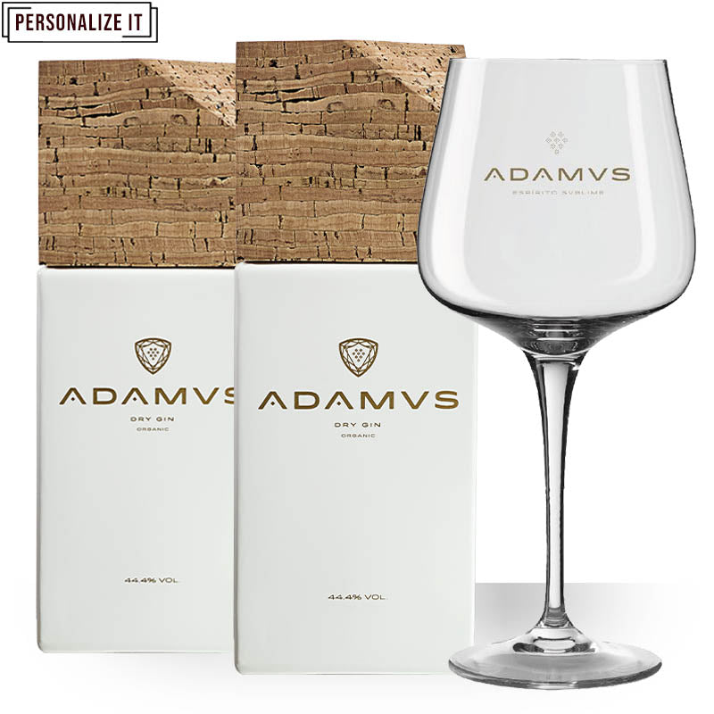 Adamus Pack of 2 Organic Dry Gin Personalized 70cl & 1 Free Glass