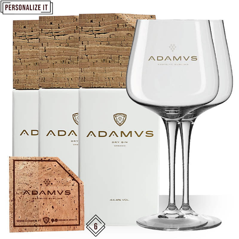 Adamus Pack of 3 Organic Dry Gin 70cl, 2 Glasses & 6 Personalized Coasters