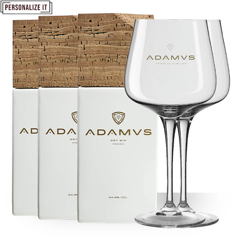 Adamus Pack of 3 Organic Dry Gin Personalized 70cl & 2 Free Glasses